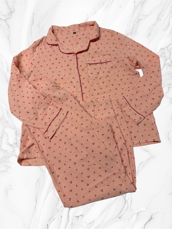 Other - Women's Pink cherry print Pajama Set - Soft Long Sleeve Top & Pants medium